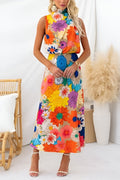 Summer | Sleeveless Tie Neck Waisted Floral Print Maxi Dress