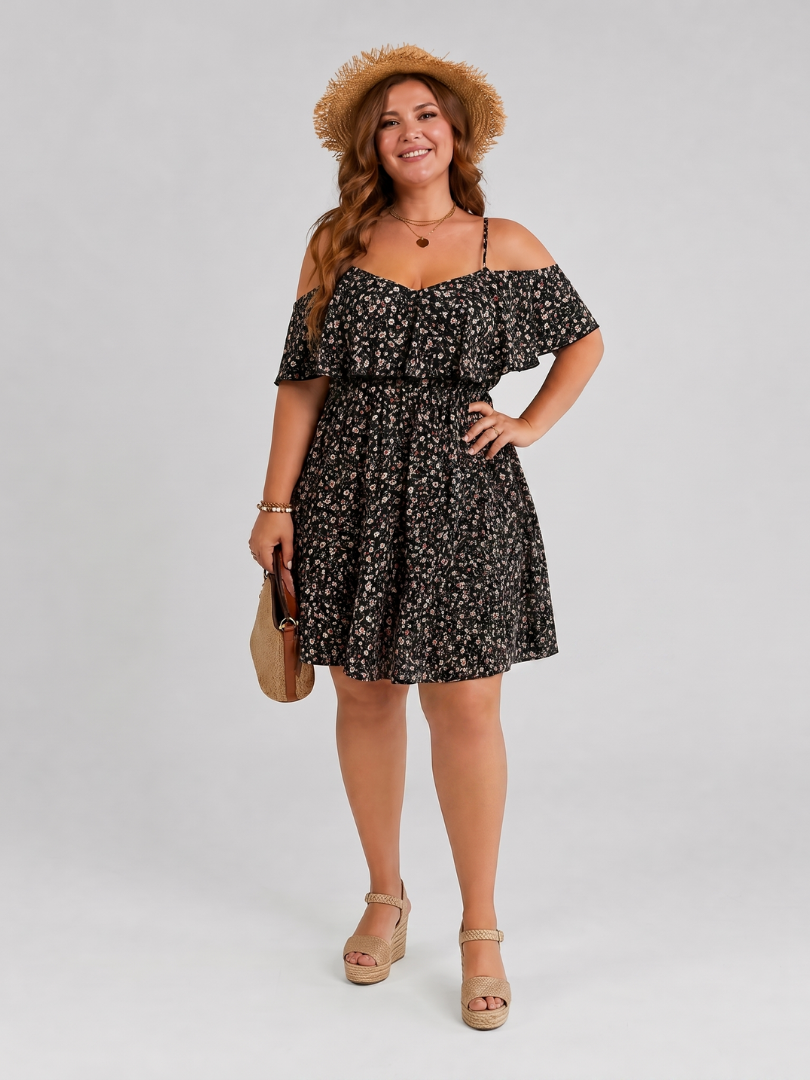 Novom | Cold Shoulder Ruffle Overlay Knee Length Dress