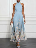 Rosalyn | Blue Floral Chiffon Halter Maxi Dress