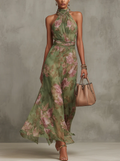 Florence | Green Floral Chiffon Halter Maxi Dress